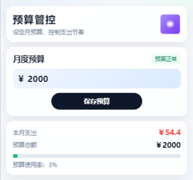 预算管控页面，展示月度预算、保存预算、本月支出、预算总额和使用率